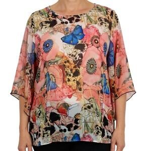 Ali Miles Plus Size SHEER Floral Wearable Art Blouse Shirt Top Spring Butterfly